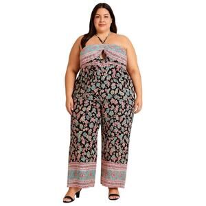 White Birch 2X Boho Floral Halter Wide-Leg Jumpsuit Smocked Bust, Built-In Bra